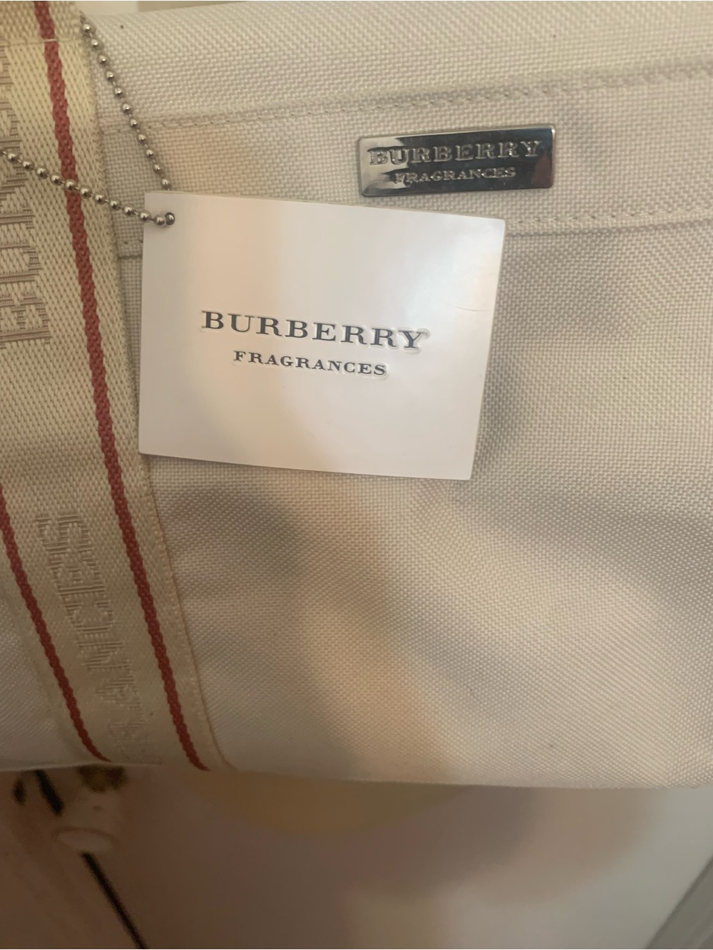 Burberry Cream Canvas Tote with Red Stripe Detail